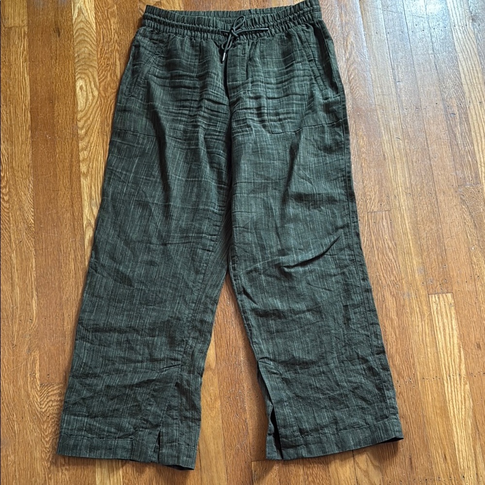Athleta Dark Green Wide-Leg Linen Pants